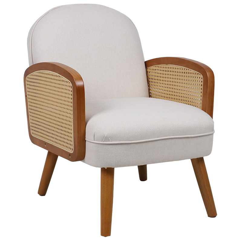 Πολυθρόνα Ricco pakoworld ύφασμα μπεζ-pe rattan φυσικό-rubberwood καρυδί 046-000020