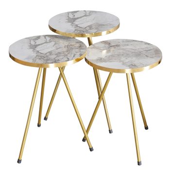 Βοηθητικά τραπέζια Weber pakoworld σετ 3τεμ λευκό γκρι μαρμάρου-χρυσό 120-000343