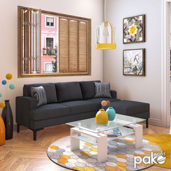 Alternative view of Γωνιακός καναπές με σκαμπό Slim  υφασμάτινος χρώμα ανθρακί με μαξιλάρια 185x140x70εκ