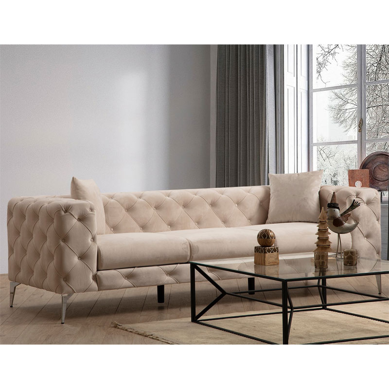 Καναπές 3θέσιος PWF-0579 τύπου Chesterfield ύφασμα εκρού 237x90x73εκ - Image 2
