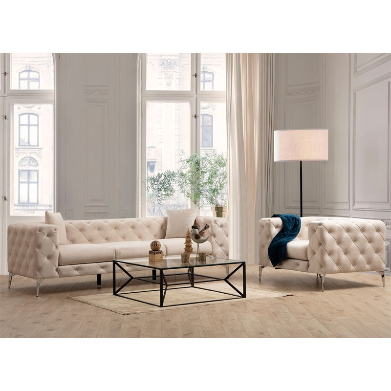 Καναπές 3θέσιος PWF-0579 τύπου Chesterfield ύφασμα εκρού 237x90x73εκ - Image 5