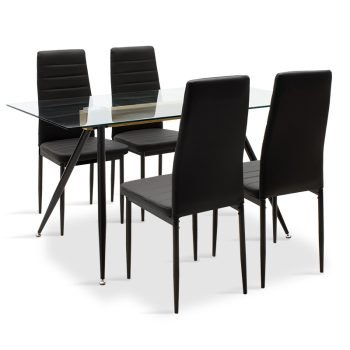 Τραπεζαρία Astrid-Parker pakoworld σετ 5τμχ γυάλινη με μαύρο pu 140x80x75εκ 101-000061