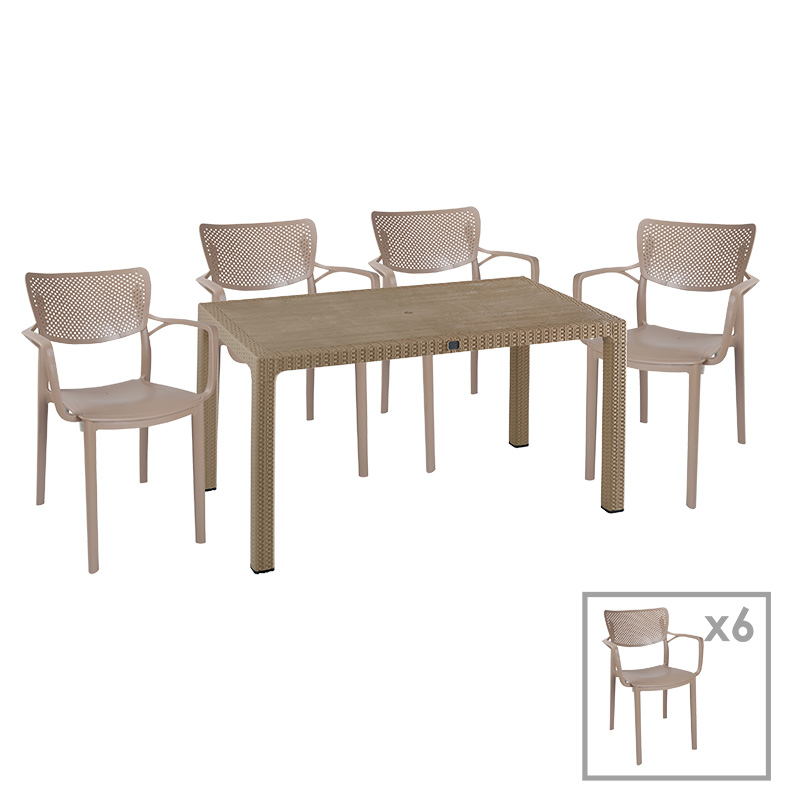 Τραπεζαρία κήπου Explore-Frontline pakoworld σετ 7τεμ PP cappuccino 150x90x73
