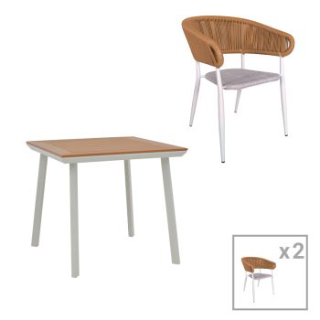 Τραπεζαρία Synergy-Raven σετ 3τεμ pakoworld λευκό αλουμίνιο και plywood σε φυσικό χρώμα 80x80x74εκ 200-000942