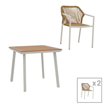 Τραπεζαρία Synergy-Lush σετ 3τεμ pakoworld λευκό αλουμίνιο και plywood σε φυσικό χρώμα 80x80x74εκ 200-000947