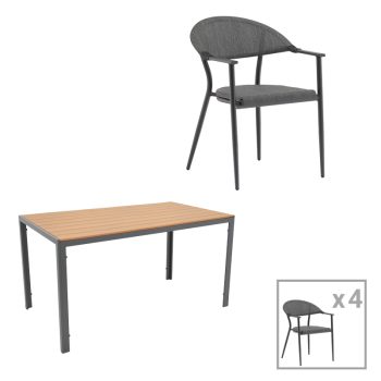 Τραπεζαρία Nares-Pino C σετ 5τεμ pakoworld ανθρακί-μαύρο αλουμίνιο και plywood σε φυσικό χρώμα 140x80x72.5εκ 200-000954