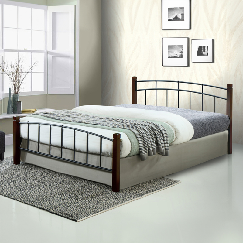 Κρεβάτι διπλό Mandy pakoworld καρυδί rubberwood-μαύρο μέταλλο 150x190εκ 330-000003