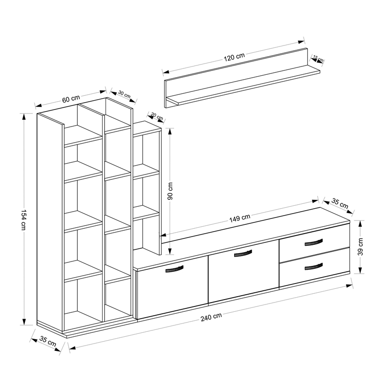 Σύνθετο σαλονιού Leman σε λευκή-oak απόχρωση 240x35x154εκ - Image 5