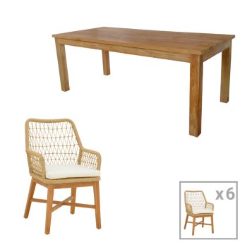 Τραπεζαρία 7τεμ Elaiza-Wooly pakoworld teak ξύλο σε φυσική-μπεζ απόχρωση 220x90x75εκ 343-000045