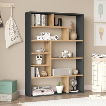 Βιβλιοθήκη Decora pakoworld σε φυσική-ανθρακί απόχρωση 90x22x123.6εκ 176-000203