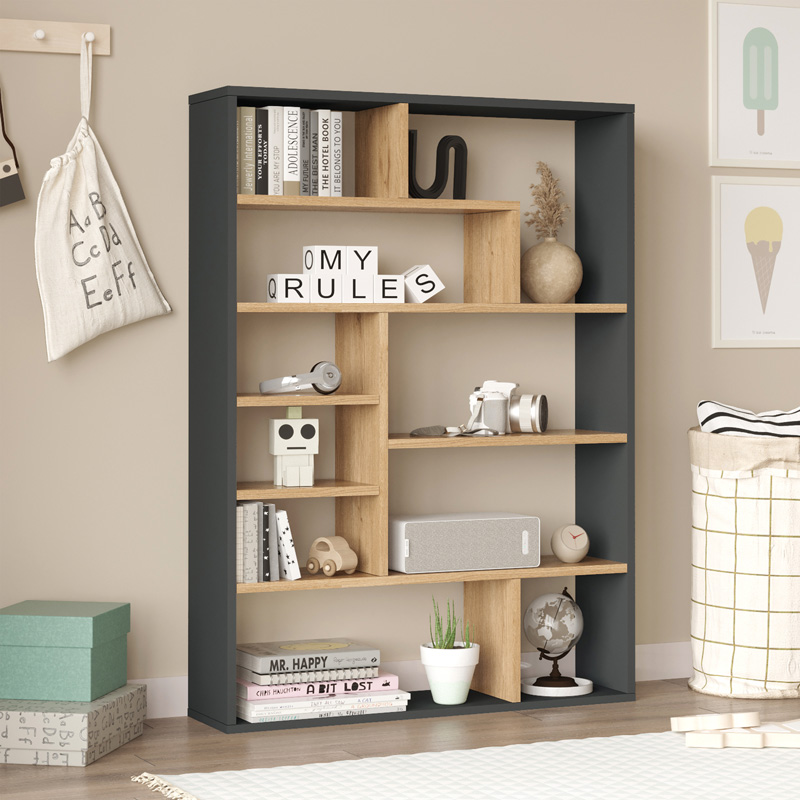 Βιβλιοθήκη Decora pakoworld σε φυσική-ανθρακί απόχρωση 90x22x123.6εκ 176-000203