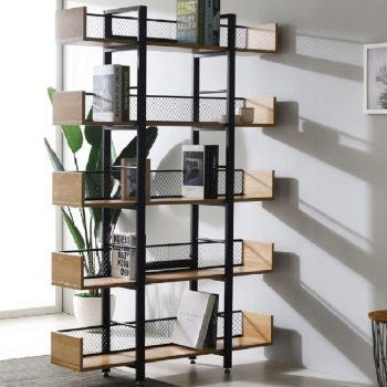 Βιβλιοθήκη Musha pakoworld μέταλλο μαύρο με oak απόχρωση 120x22x185εκ 197-000299
