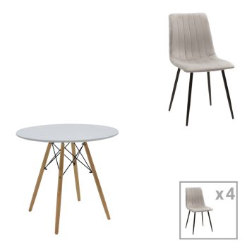 Τραπεζαρία Julita-Noor pakoworld σετ 5τεμ  MDF λευκό-γκρι-πόδια φυσικό Φ80x73εκ 200-001281