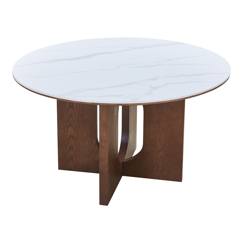 Τραπέζι Merge sintered stone-mdf σε λευκό μαρμάρου με καρυδί βάση Φ130x75εκ - Image 2