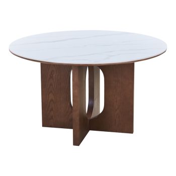Τραπέζι Merge pakoworld sintered stone-mdf σε λευκό μαρμάρου με καρυδί βάση Φ130x75εκ 072-000171
